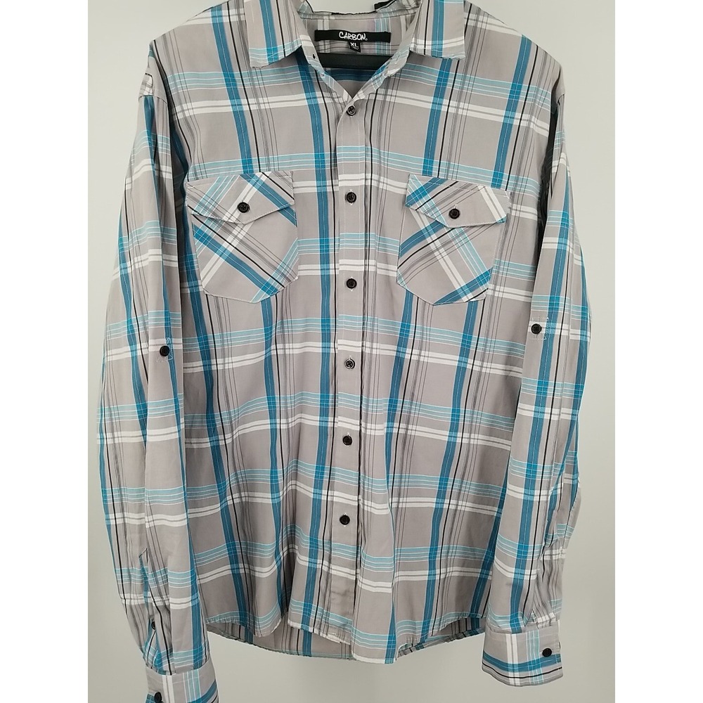 Carbon Classic Fit Long Sleeve Roll Tab Button Down Shirt Mens XL Plaid Gray